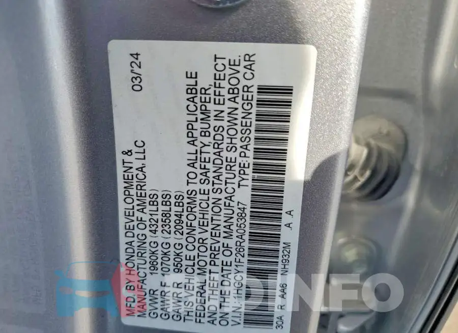 1HGCY1F26RA053847 Photo# 12