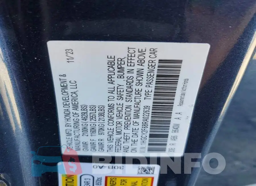 1HGCY2F68RA022639 Photo# 13