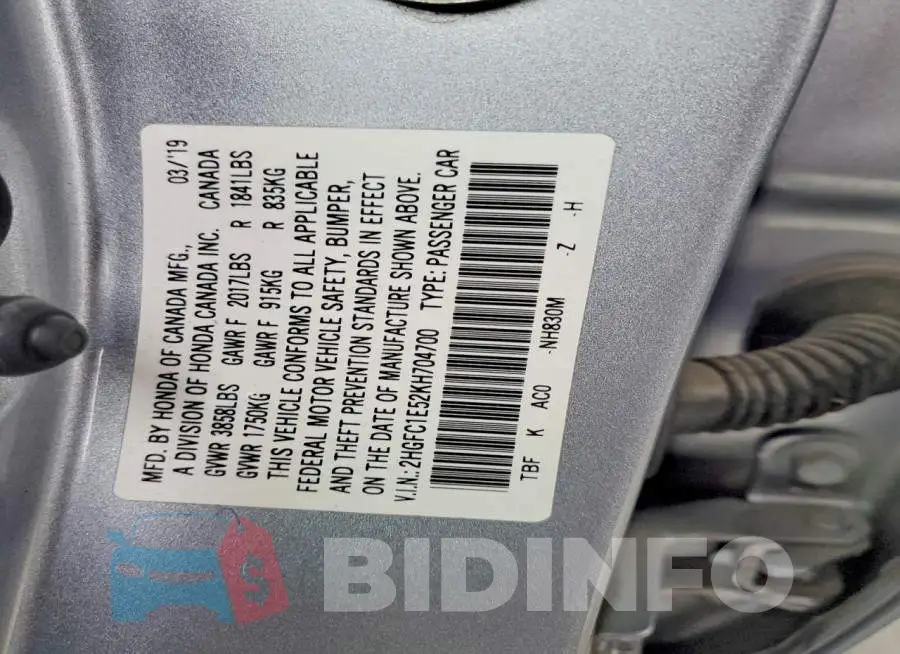 2HGFC1E52KH704700 Photo# 12