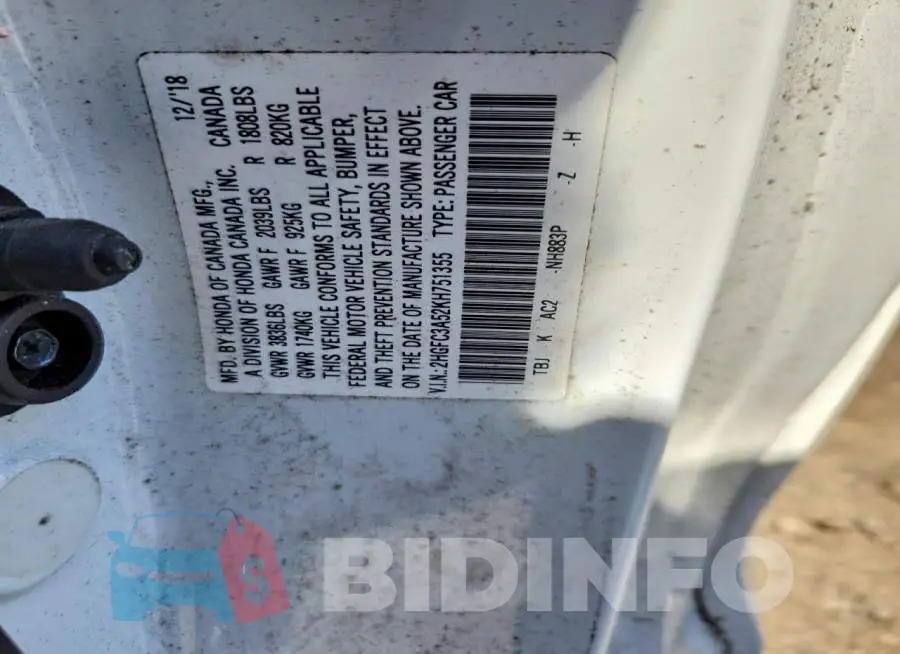 2HGFC3A52KH751355 Photo# 12