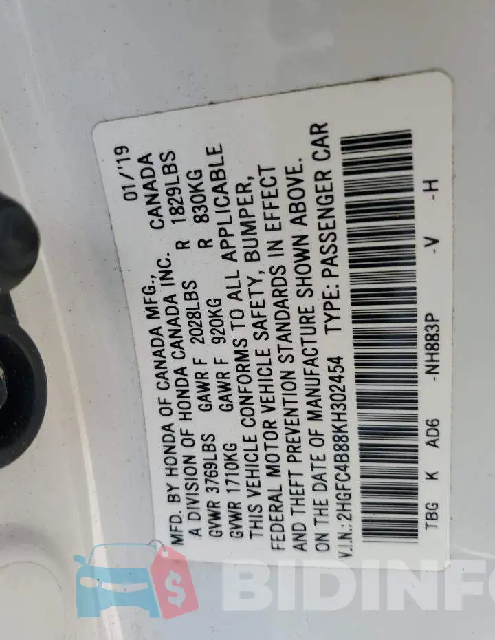 2HGFC4B88KH302454 Photo# 12