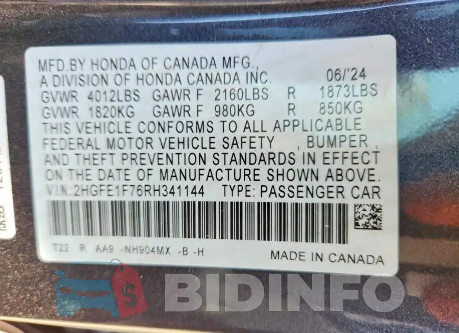 2HGFE1F76RH341144 Photo# 12