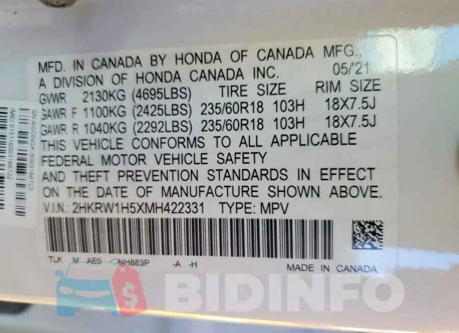 2HKRW1H5XMH422331 Photo# 13