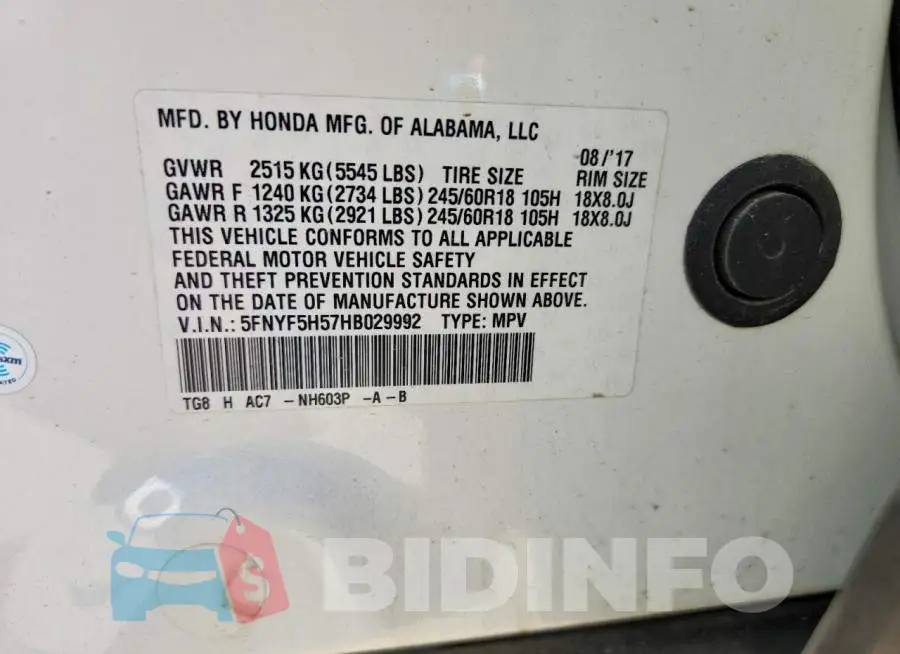 5FNYF5H57HB029992 Photo# 13
