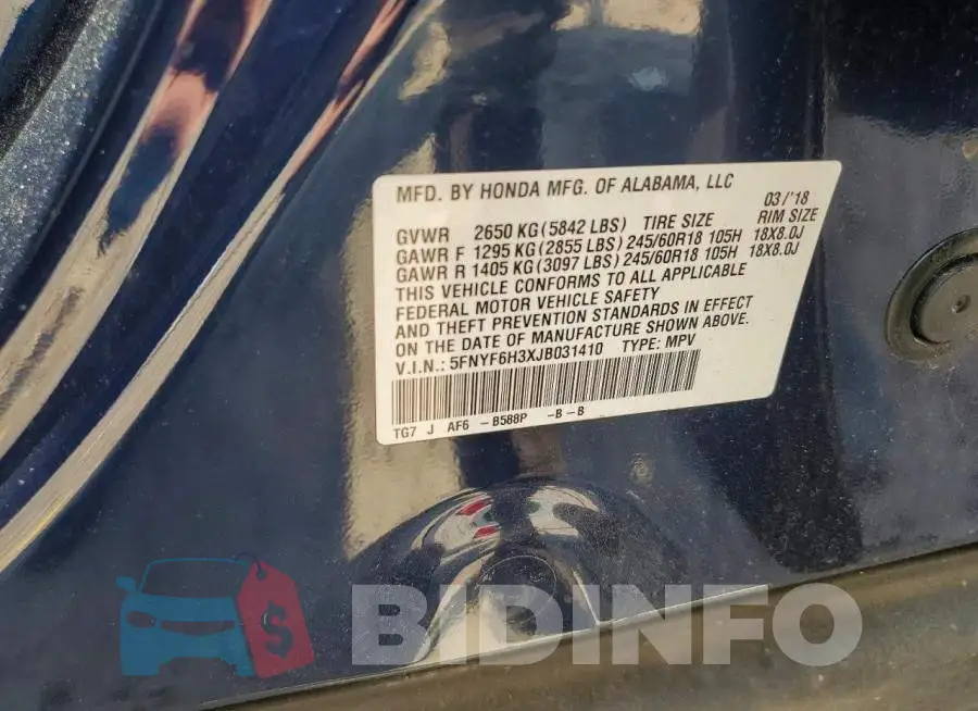 5FNYF6H3XJB031410 Photo# 14