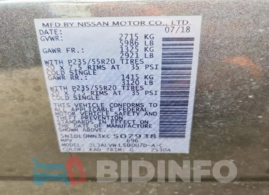 5N1DL0MN3KC507938 Photo# 13