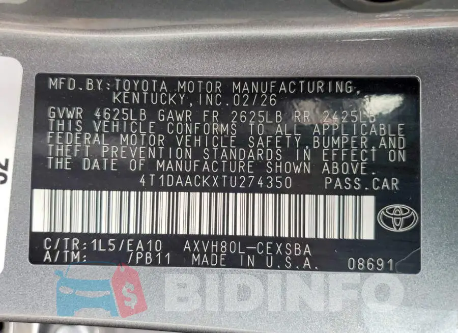 4T1DAACKXTU274350 Photo# 12