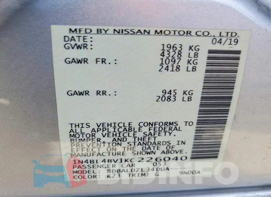 1N4BL4BV1KC226040 Photo# 13