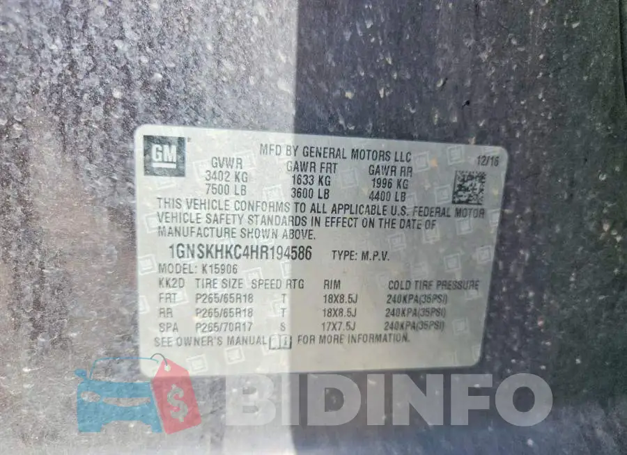 1GNSKHKC4HR194586 Photo# 13