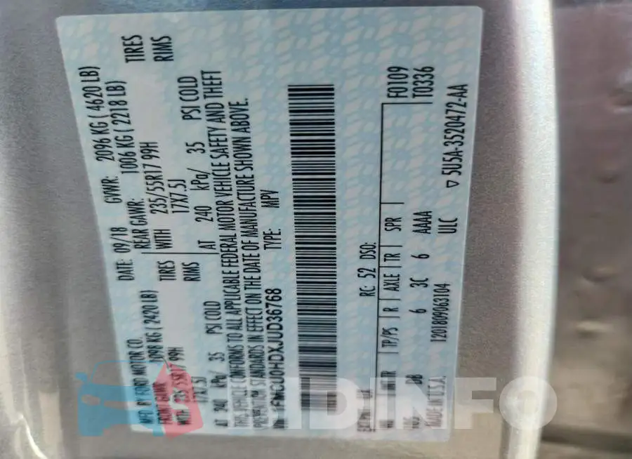 1FMCU0HDXJUD36768 Photo# 13