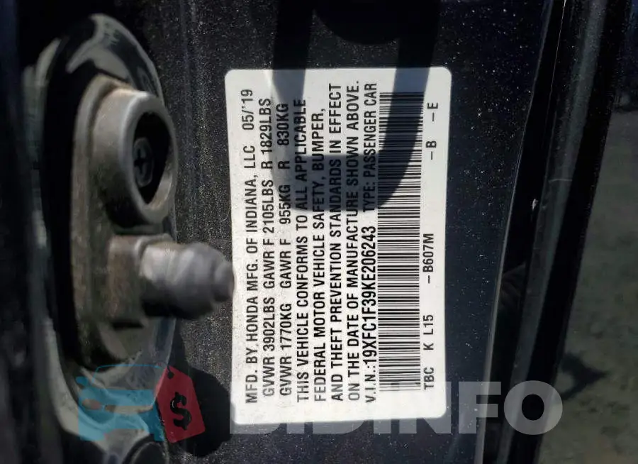 19XFC1F39KE206243 Photo# 13