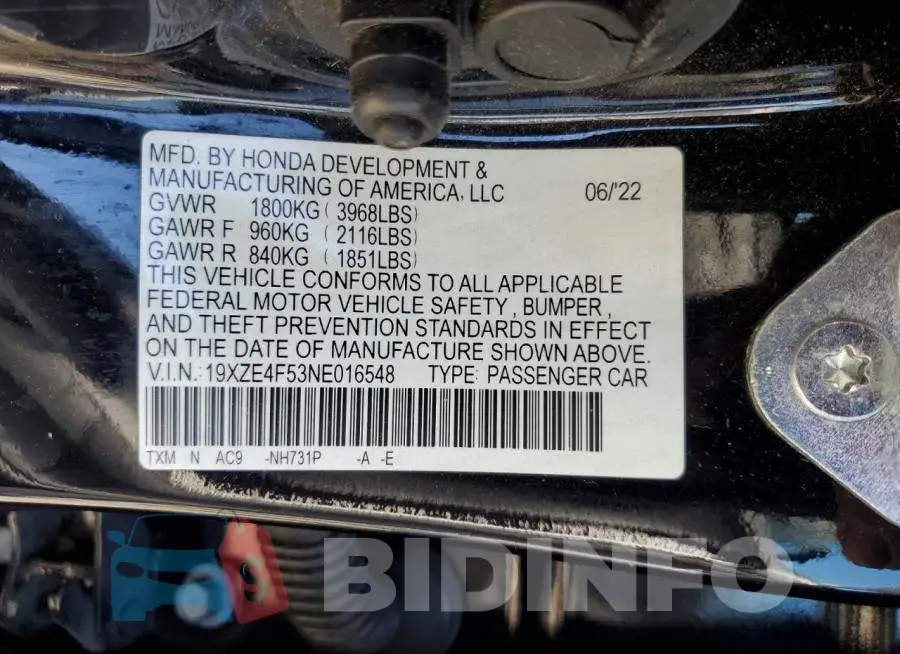 19XZE4F53NE016548 Photo# 12