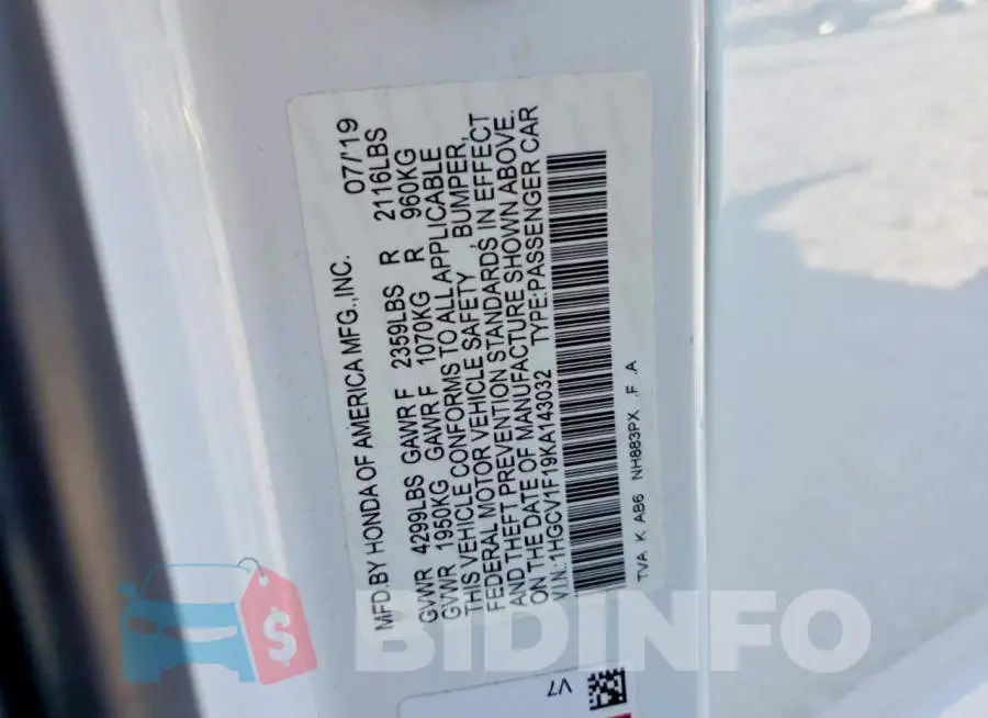 1HGCV1F19KA143032 Photo# 12