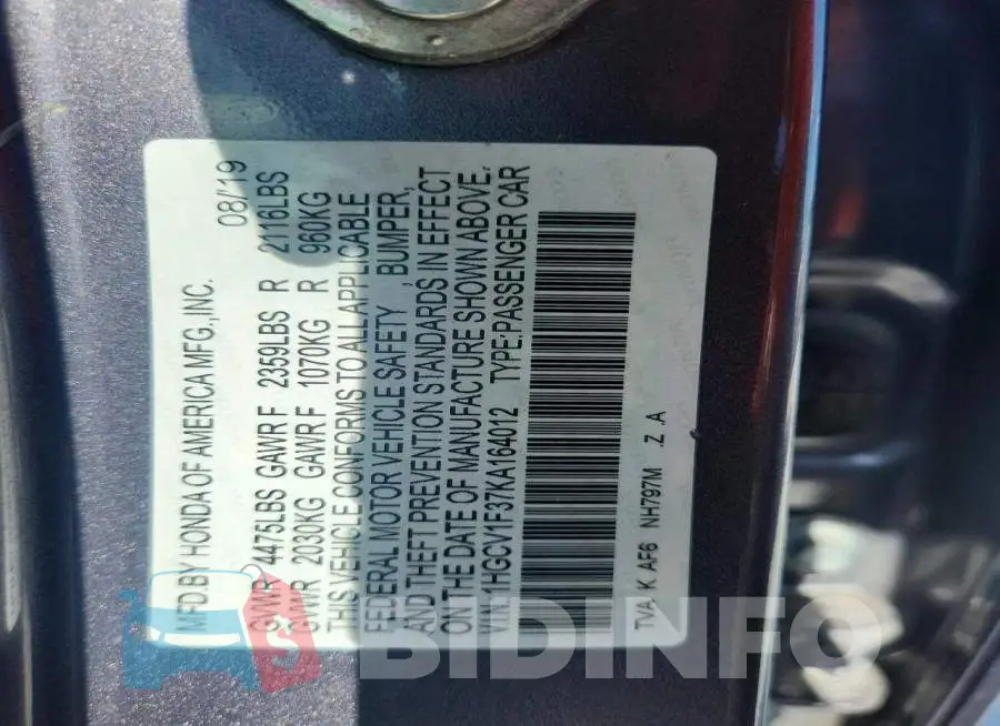 1HGCV1F37KA164012 Photo# 12