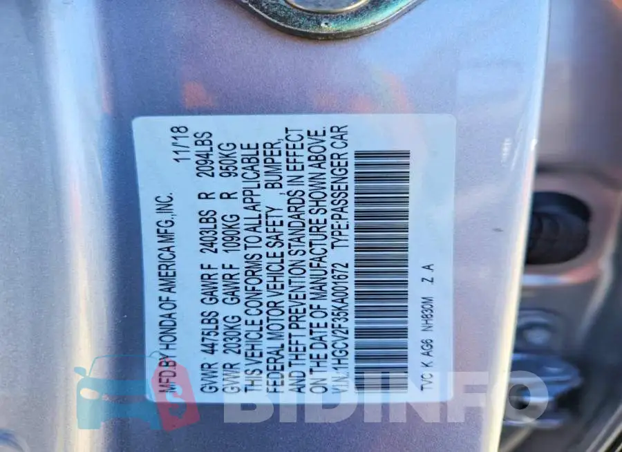 1HGCV2F35KA001672 Photo# 12