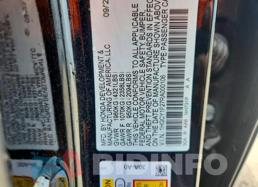 1HGCY1F27RA000106 Photo# 12