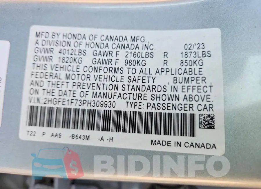 2HGFE1F73PH309930 Photo# 12