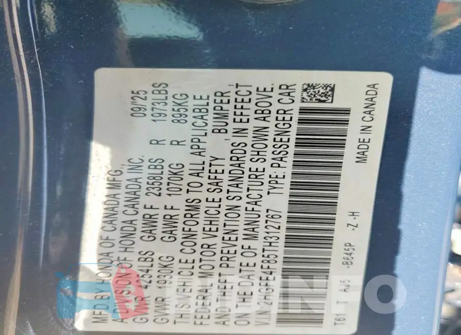 2HGFE4F85TH312767 Photo# 12