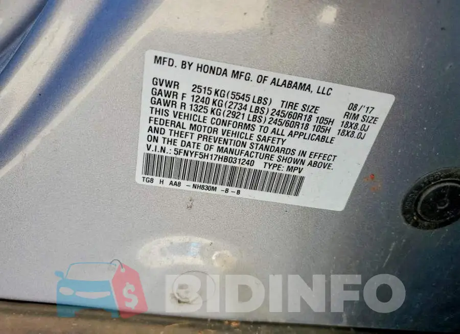 5FNYF5H17HB031240 Photo# 13