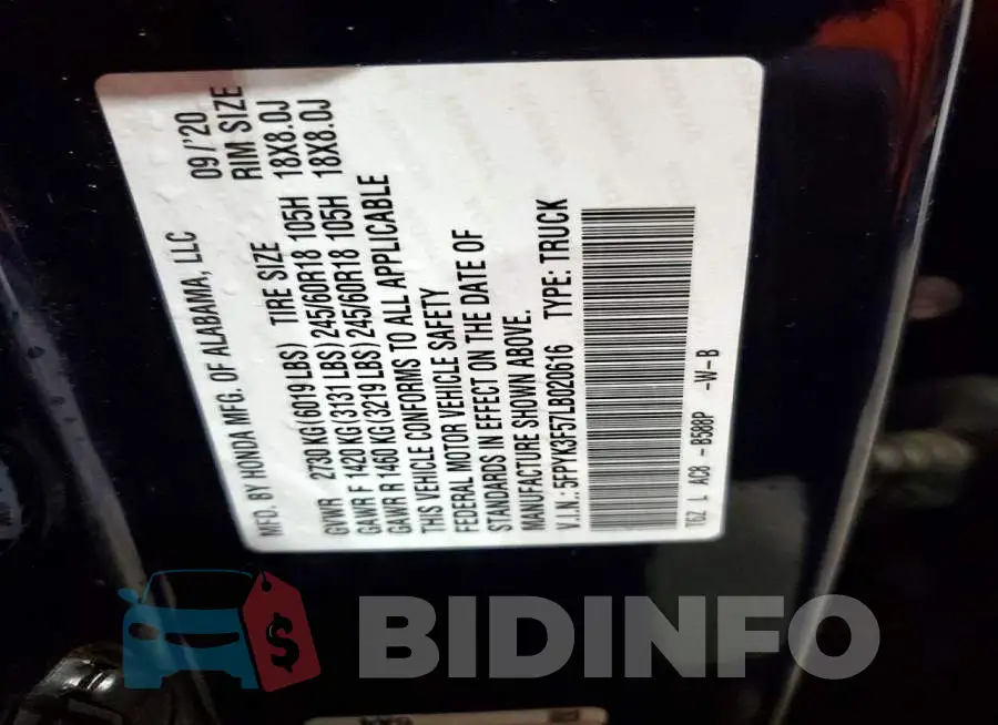 5FPYK3F57LB020616 Photo# 12