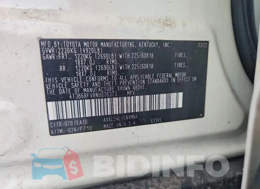 4T3B6RFV8NU076373 Photo# 13