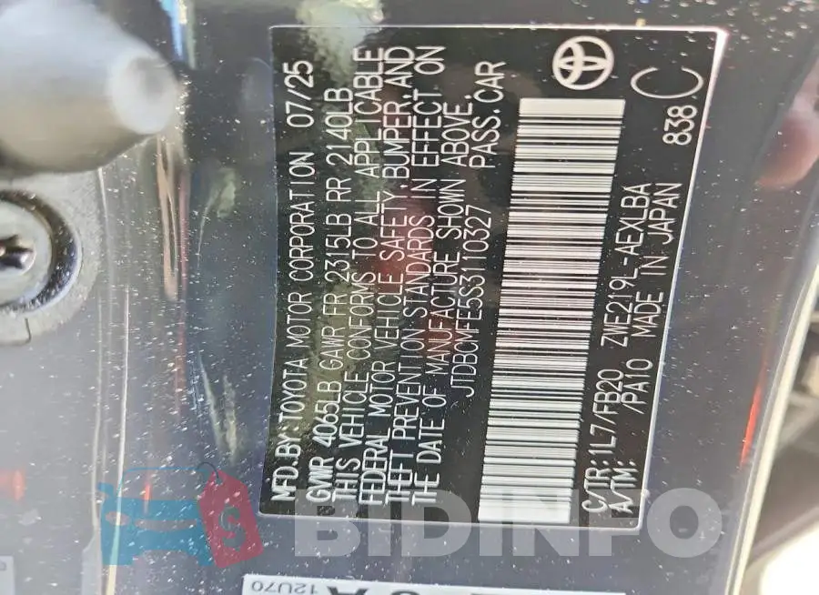 JTDBCMFE5S3110327 Photo# 12