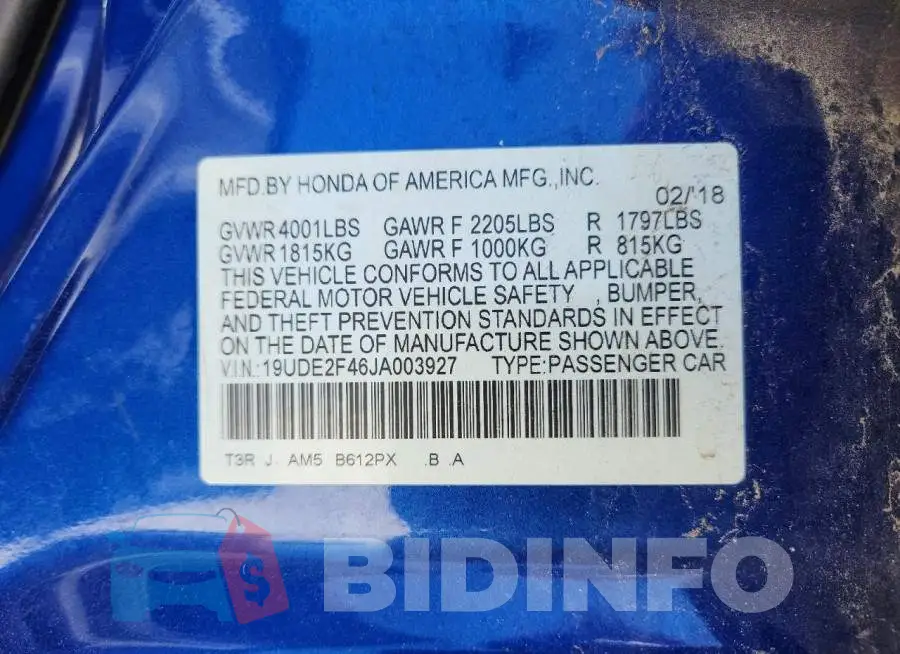 19UDE2F46JA003927 Photo# 13