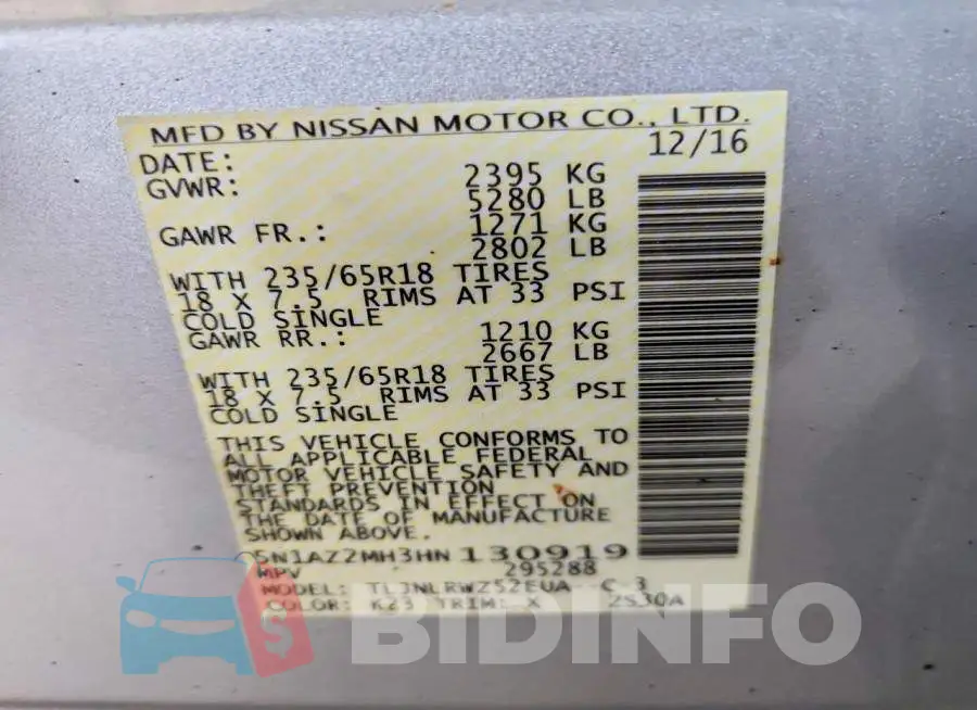 5N1AZ2MH3HN130919 Photo# 13