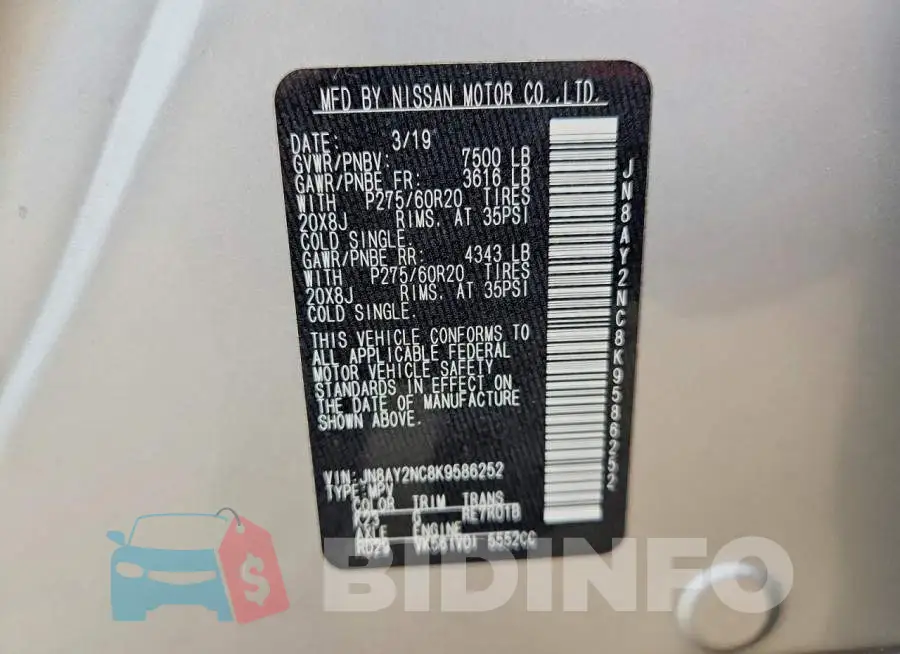 JN8AY2NC8K9586252 Photo# 14