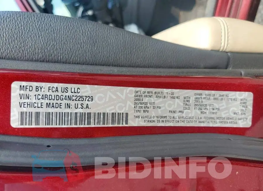1C4RDJDG4NC225729 Photo# 13