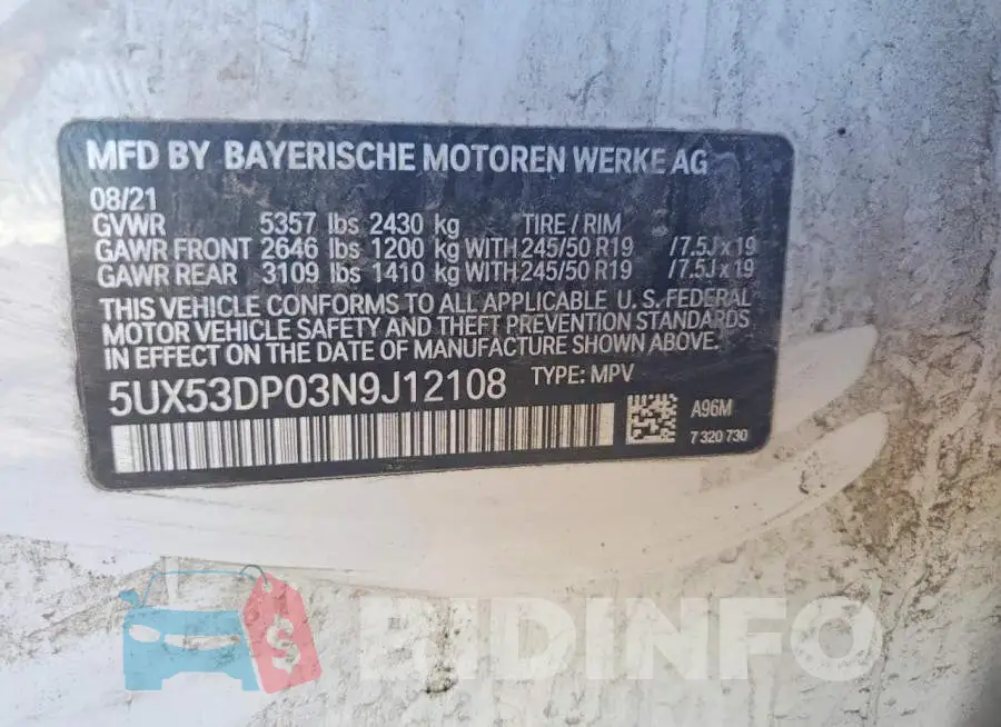 5UX53DP03N9J12108 Photo# 13