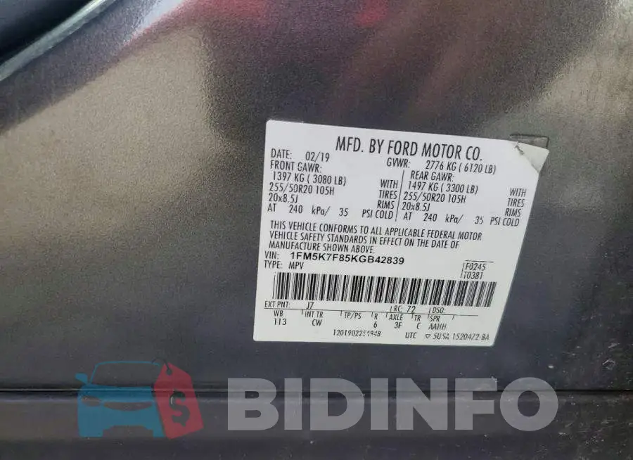 1FM5K7F85KGB42839 Photo# 13