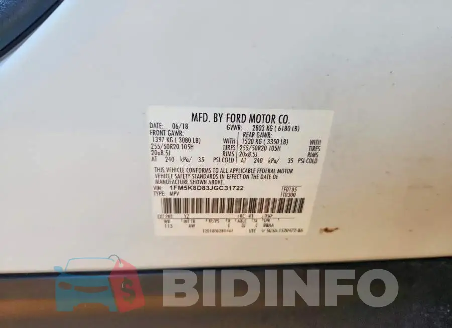 1FM5K8D83JGC31722 Photo# 13