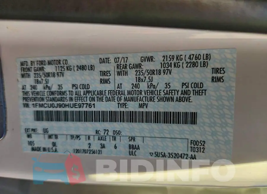 1FMCU0J90HUE97761 Photo# 14