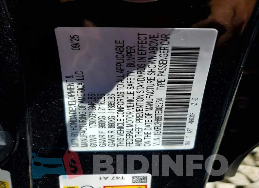 19XFL2H86TE005254 Photo# 12