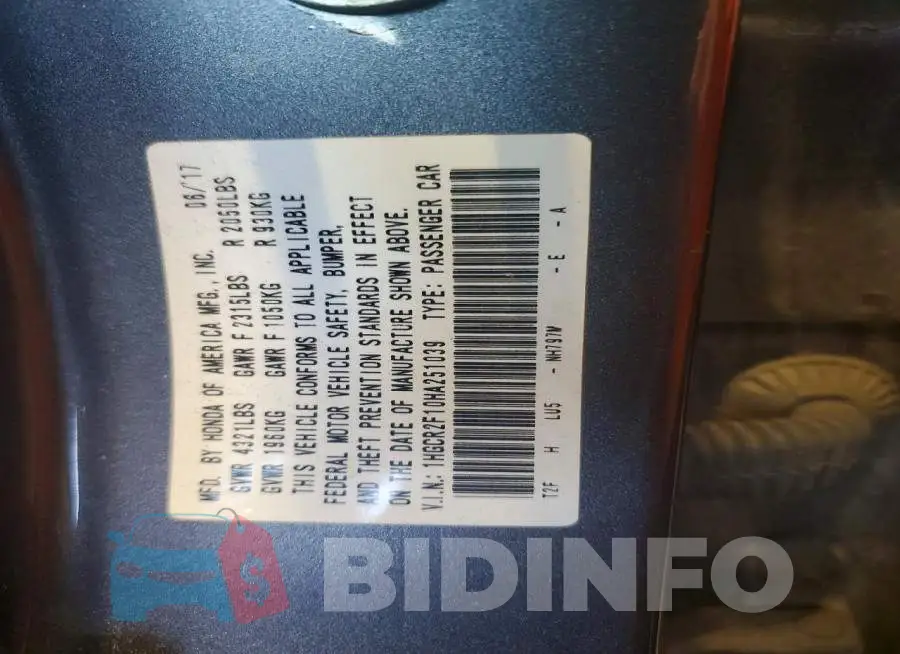 1HGCR2F10HA251039 Photo# 12