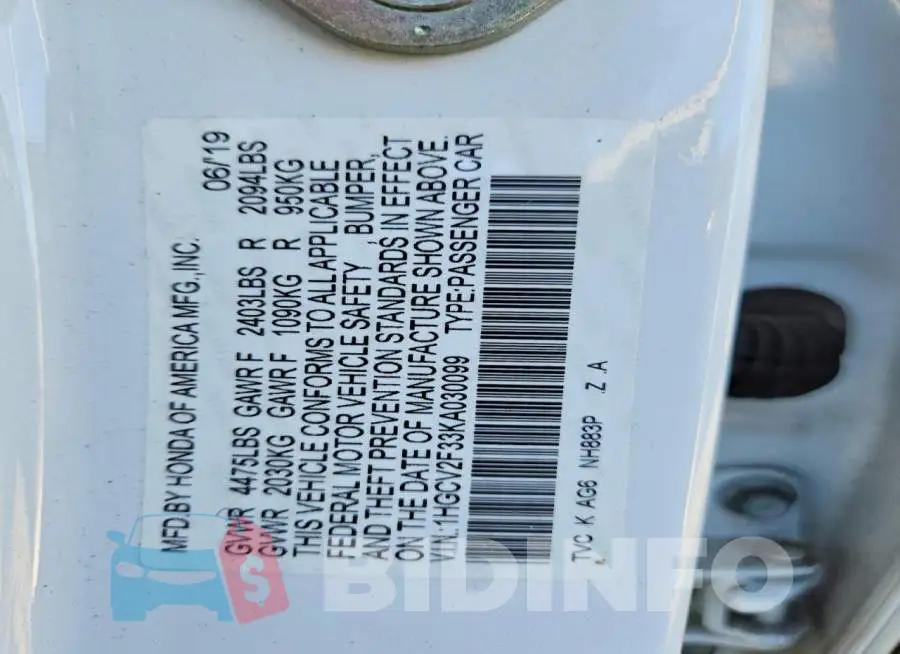 1HGCV2F33KA030099 Photo# 12