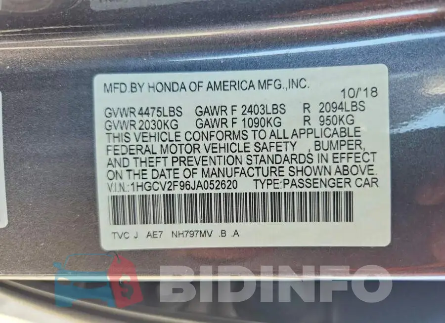 1HGCV2F96JA052620 Photo# 12
