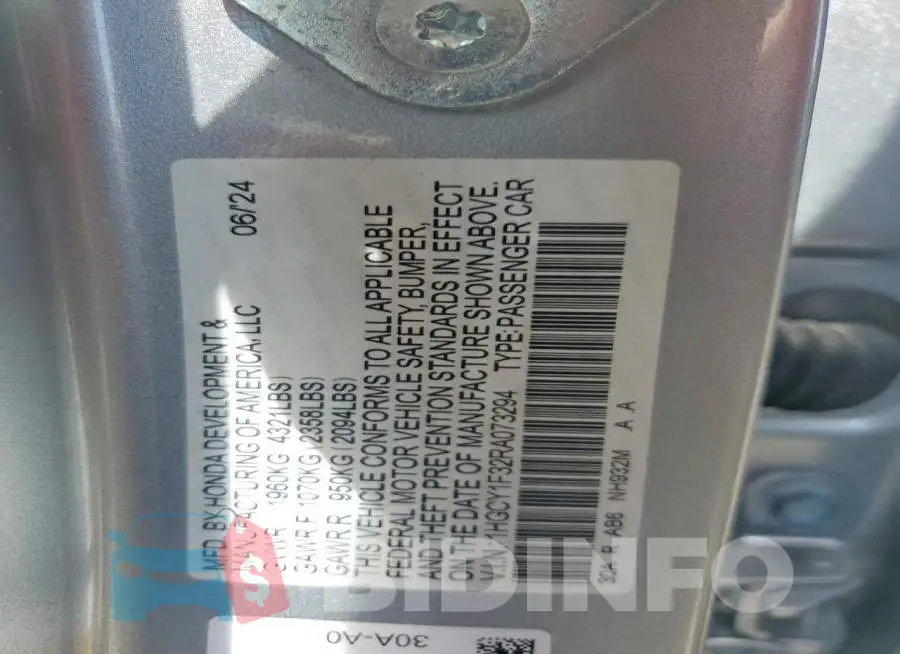 1HGCY1F32RA073294 Photo# 12