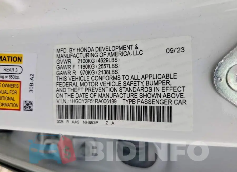1HGCY2F51RA006189 Photo# 12