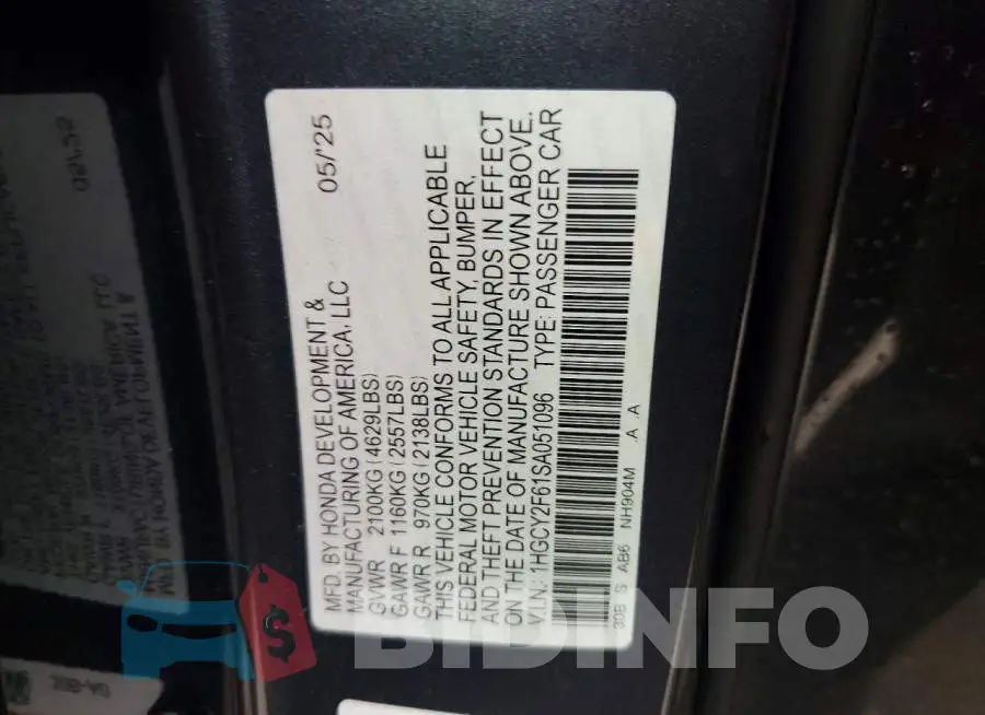 1HGCY2F61SA051096 Photo# 12