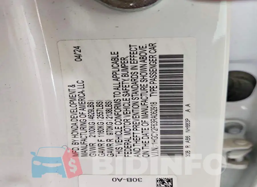 1HGCY2F63RA062918 Photo# 12