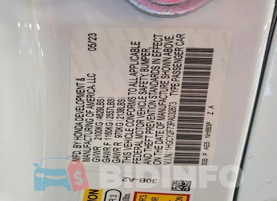 1HGCY2F73PA032873 Photo# 12