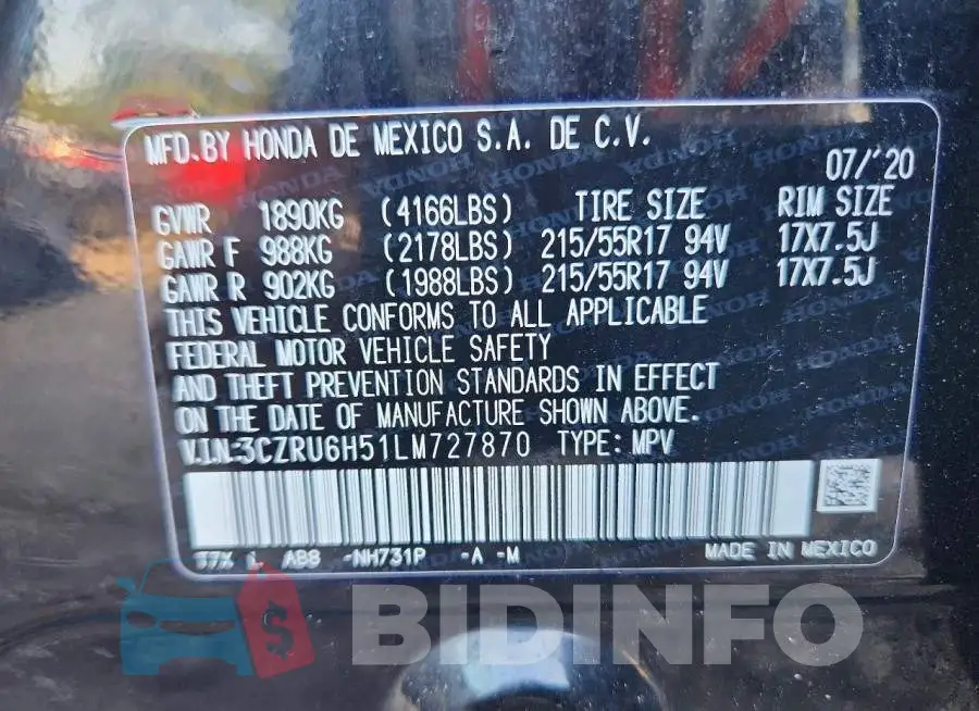 3CZRU6H51LM727870 Photo# 13
