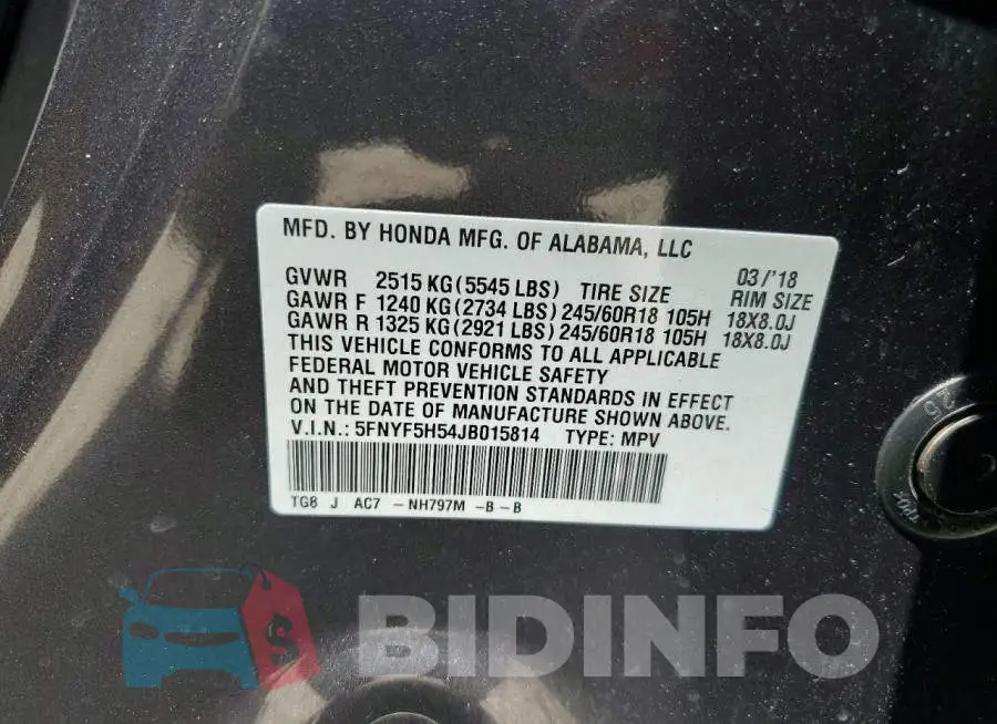 5FNYF5H54JB015814 Photo# 13