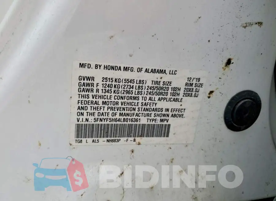 5FNYF5H64LB016361 Photo# 14