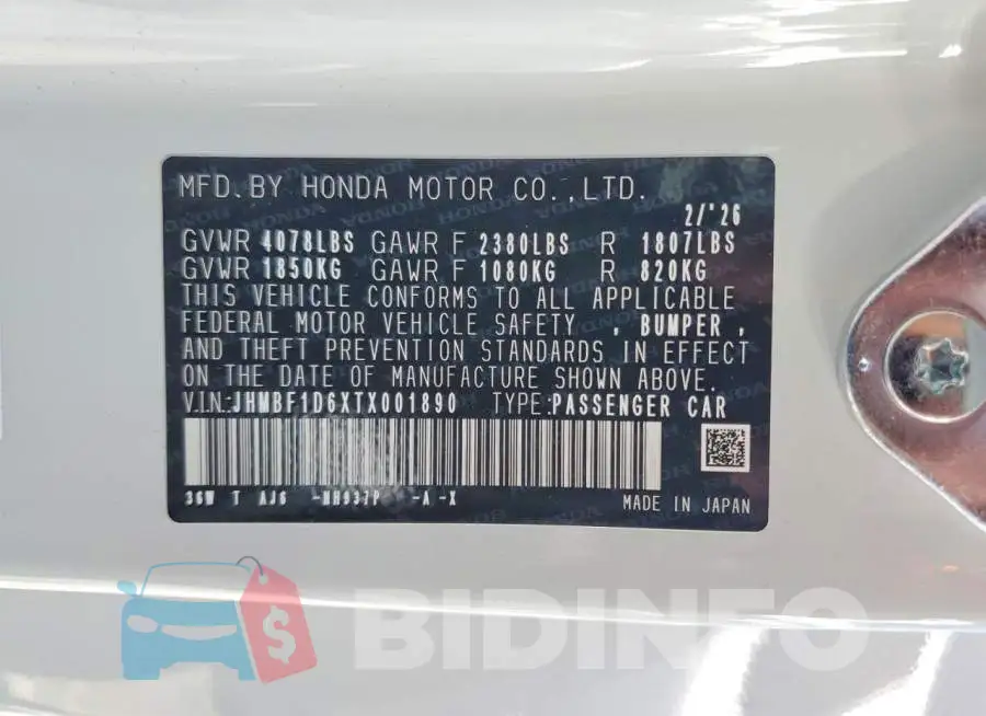 JHMBF1D6XTX001890 Photo# 12