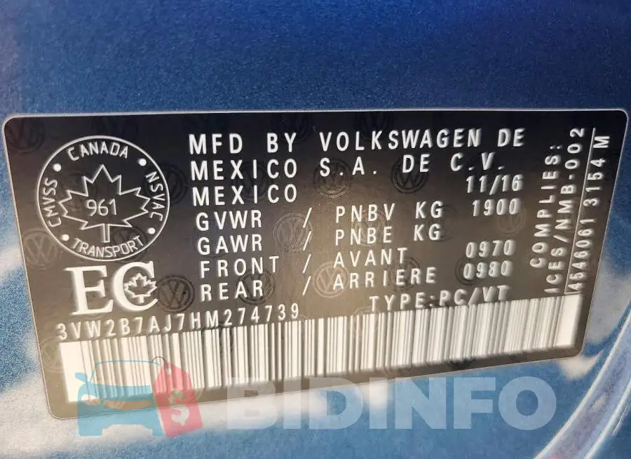 3VW2B7AJ7HM274739 Photo# 12