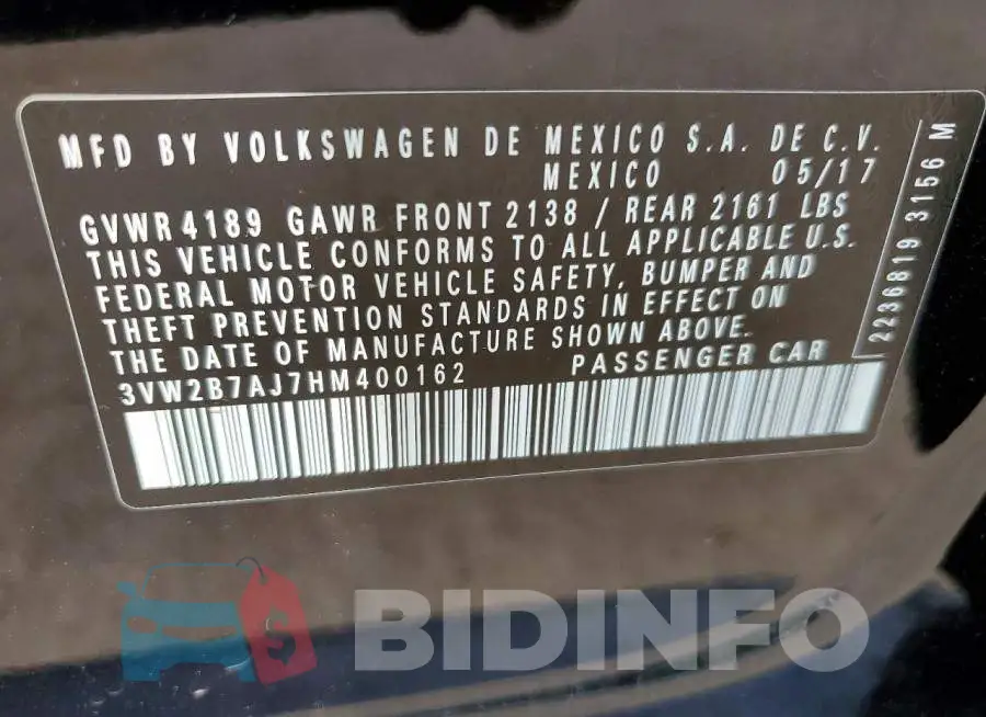 3VW2B7AJ7HM400162 Photo# 12