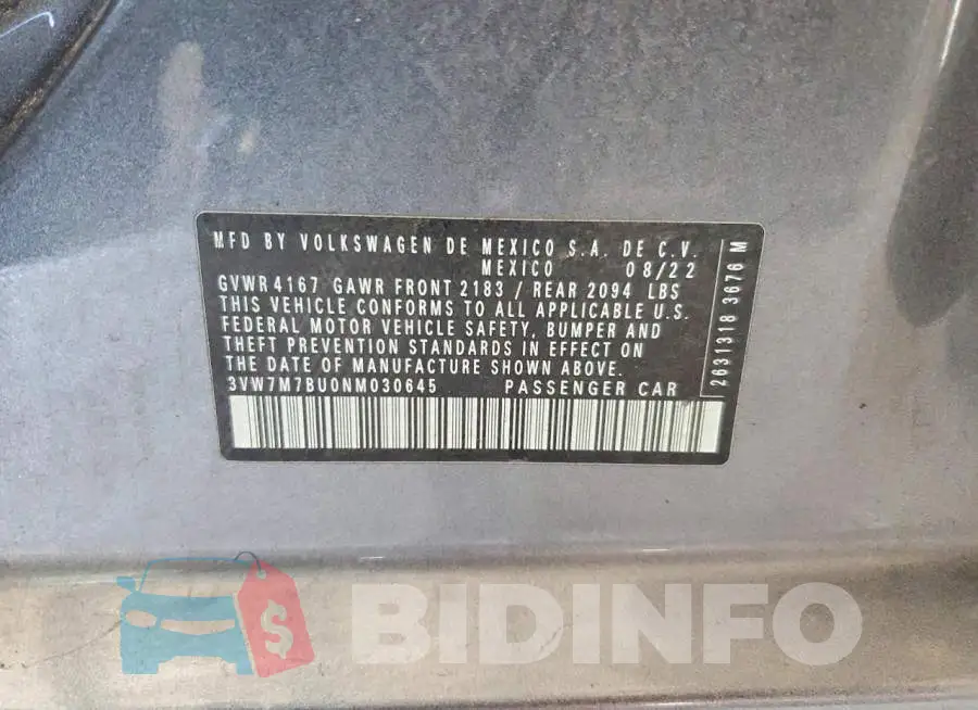 3VW7M7BU0NM030645 Photo# 13